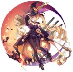  1girl azur_lane black_hat black_legwear blonde_hair blush bow breasts broom cleavage closed_mouth eyebrows_visible_through_hair hat hat_bow high_heels highres jack-o&#039;-lantern kaede_(003591163) lantern large_breasts long_hair looking_at_viewer nelson_(azur_lane) official_art orange_bow pantyhose red_eyes solo transparent_background twintails very_long_hair witch_hat 