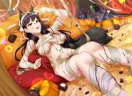 1girl :d animal_ears atago_(azur_lane) azur_lane bandage breasts brown_eyes brown_hair chocolate clenched_hand collarbone curtains cushion dutch_angle food ghost glowing glowing_eyes halloween indoors kagiyama_(gen&#039;ei_no_hasha) knees_together_feet_apart large_breasts long_hair looking_at_viewer navel open_mouth pumpkin reclining sitting skindentation smile solo sweets 