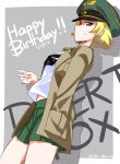  1girl annotated background_text black_bow blonde_hair bow brown_eyes brown_jacket closed_mouth commentary cowboy_shot da-dang dated english erwin_(girls_und_panzer) from_side girls_und_panzer goggles goggles_on_headwear green_hat grey_background happy_birthday hat highres jacket long_sleeves looking_at_viewer military_hat military_jacket ooarai_school_uniform open_clothes open_jacket outline outside_border peaked_cap pointy_hair shadow short_hair smile solo standing twitter_username v white_outline 