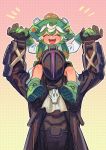  1boy 1girl black_coat black_gloves blush bondrewd boots carrying collared_coat gloves green_hair hat heart helmet made_in_abyss meinya_(made_in_abyss) multicolored_hair neckerchief prushka saiko67 shoulder_carry standing white_hair 