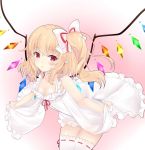  1girl :o alternate_costume bangs bare_arms bare_shoulders blonde_hair bow breasts cleavage collar collarbone cowboy_shot dress dress_shirt earrings eyebrows_visible_through_hair flandre_scarlet frilled_collar frills gradient gradient_background hair_bow hair_ribbon jewelry leaning_forward lifted_by_self long_hair looking_at_viewer neck_ribbon one_side_up pink_background pointy_ears red_eyes red_ribbon ribbon ribbon-trimmed_legwear ribbon_trim shirt small_breasts solo thigh-highs tosakaoil touhou white_bow white_dress white_legwear wings 