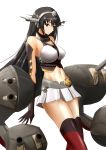  1girl bangs bare_shoulders black_hair breasts closed_mouth commentary_request elbow_gloves gloves headgear highres kantai_collection large_breasts long_hair miniskirt nagato_(kantai_collection) pleated_skirt red_eyes skirt solo thick_eyebrows thigh-highs yuuk33 