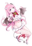  1girl akahara_tyun bat_wings bell bell_collar blue_eyes borrowed_character collar demon_girl demon_horns demon_tail demon_wings fishnet_legwear fishnets heart heart_hands horns long_hair looking_at_viewer original pink_hair pointy_ears single_thighhigh smile solo succubus tail thigh-highs wings 