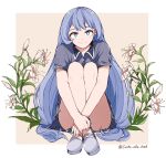  1girl blue_eyes blue_hair boku_no_hero_academia crossed_ankles dress earrings flower hadou_nejire hands_together jewelry sitting smile white_pupils 