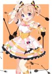  1girl :d arm_up bangs bare_shoulders blush bow breasts choker claw_pose collarbone commentary_request detached_sleeves eyebrows_visible_through_hair fang fingernails fork frilled_skirt frills gochuumon_wa_usagi_desu_ka? hair_between_eyes halloween hand_up head_tilt hoto_cocoa massala open_mouth orange_background pink_skirt puffy_short_sleeves puffy_sleeves shirt short_sleeves short_twintails sidelocks skirt small_breasts smile solo spoon striped striped_bow twintails two-tone_background vertical-striped_skirt vertical_stripes violet_eyes white_background white_bow white_choker white_shirt 