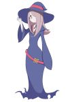  1girl absurdres asia_maru commentary english_commentary expressionless full_body hair_over_one_eye hand_on_headwear hat highres little_witch_academia long_hair looking_at_viewer luna_nova_school_uniform pink_hair red_eyes simple_background solo sucy_manbavaran white_background wide_sleeves witch witch_hat 