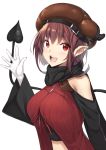  1girl :d bangs bare_shoulders black_scarf blush breasts brown_hair brown_hat commentary_request demon_girl demon_tail dress eyebrows_visible_through_hair gloves hair_between_eyes hand_up hat highres horns_through_headwear long_hair long_sleeves looking_at_viewer medium_breasts open_mouth original red_dress red_eyes scarf shoulder_cutout simple_background smile solo tail tail_raised upper_body white_background white_gloves wide_sleeves yappen 