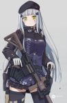  1girl assault_rifle bag bangs belt_pouch beret black_belt black_hat black_legwear black_skirt blunt_bangs breasts character_name closed_mouth clothes_writing commentary dagger earphones eyebrows_visible_through_hair facial_mark girls_frontline gloves goggles goggles_around_neck gradient gradient_background green_eyes grey_background grey_hair gun hair_ornament hat heckler_&amp;_koch highres hk416 hk416_(girls_frontline) holding holding_gun holding_weapon holster iron_cross kou_v05first long_hair long_sleeves medium_breasts miniskirt plaid plaid_skirt pleated_skirt pouch rifle sheath sheathed shoulder_bag skirt solo straight_hair striped striped_background thigh-highs thigh_holster trigger_discipline very_long_hair weapon white_gloves zettai_ryouiki 