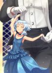  1boy 1girl ^_^ armpits arms_up black_pants blue_choker blue_dress blue_hair blurry blurry_background blush choker closed_eyes closed_eyes closed_mouth collarbone commentary_request dancing dress evening_gown flat_chest frilled_dress frills giant glint gloves indoors long_hair long_sleeves low_ponytail out_of_frame pants pixiv_fantasia pixiv_fantasia_revenge_of_the_darkness sasebono_mari shiny shiny_hair shirt size_difference sleeve_cuffs sleeveless sleeveless_dress smile solo_focus white_gloves white_shirt window 