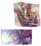  1boy 1girl bare_shoulders blonde_hair blush_stickers boots breasts choker cleavage commentary_request dark_magician dark_magician_girl duel_monster green_eyes hat long_hair magic staff wand wizard_hat yu-gi-oh! yuu-gi-ou yuu-gi-ou_duel_monsters yuza 