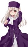  1girl arm_up bangs blush closed_mouth commentary_request eyebrows_visible_through_hair fate/stay_night fate_(series) hair_between_eyes hand_on_headwear hat head_tilt highres illyasviel_von_einzbern kohakope light_brown_hair long_hair long_sleeves purple_coat purple_hat red_eyes scarf simple_background smile solo very_long_hair white_background white_scarf 