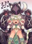  1boy 1girl animal_ears black_coat black_gloves black_pants blush bondrewd boots cat_ears cat_paws cat_tail claw_pose claws collared_coat curtsey fangs gloves green_hair heart helmet kemonomimi_mode looking_at_viewer made_in_abyss mask meinya_(made_in_abyss) multicolored_hair neckerchief pants paw_gloves paws prushka red_eyes saiko67 smile standing tail white_hair 