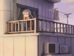 1girl air_conditioner braid brown_hair building closed_eyes closed_mouth clothesline clouds hands_on_own_cheeks hands_on_own_face highres leaning_forward long_hair madotsuki nekoita outdoors railing shirt skirt sky sliding_doors solo standing sunset yume_nikki 