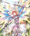  1girl angel angel_wings armor armored_boots blue_eyes boots breastplate cygames gauntlets glowing glowing_wings hair_ornament hairclip lapis_glorius_seraph long_hair looking_at_viewer navel_cutout official_art orange_hair see-through shadowverse shoulder_armor sword thigh-highs thigh_boots weapon wings 