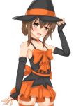  1girl alternate_costume arm_up armpits bangs bare_shoulders black_choker black_gloves black_hat blush bow brown_eyes brown_hair choker collarbone commentary_request cowboy_shot elbow_gloves fingerless_gloves flat_chest folded_ponytail gloves hair_between_eyes halloween hand_on_headwear hat heart heart_choker inazuma_(kantai_collection) kantai_collection linfa_lm looking_at_viewer looking_to_the_side miniskirt open_mouth orange_bow orange_legwear orange_skirt sash shiny shiny_skin shoulder_blush sidelocks simple_background skirt solo spaghetti_strap thigh-highs white_background witch_hat zettai_ryouiki 