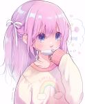  1girl blue_eyes commentary_request highres long_hair mask_pull original pink_hair pink_sweater pulled_by_self ribbon side_ponytail smile solo surgical_mask sweater upper_body 