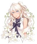  1girl :d black_bow blue_eyes bow bowtie cropped_torso dark_skin ddaomphyo eyebrows_visible_through_hair floating_hair flower hair_between_eyes lily_(flower) long_hair looking_at_viewer open_mouth original shirt silver_hair sleeveless sleeveless_shirt smile solo two_side_up upper_body very_long_hair white_background white_flower white_shirt 