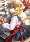  1girl abazu-red anzio_school_uniform apron bangs black_skirt blonde_hair carpaccio commentary cowboy_shot dress_shirt english eyebrows_visible_through_hair food from_behind garlic girls_und_panzer green_eyes holding holding_food lips long_hair long_sleeves looking_at_viewer looking_back miniskirt no_legwear parted_lips pepper pizza pleated_skirt red_apron school_uniform shirt skirt smile solo standing stove white_shirt 