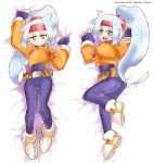  1girl absurdres artist_name ashe_(rockman) ass big_hair blue_hair blush bodysuit breasts closed_mouth commentary_request dakimakura full_body gloves green_eyes headband high_ponytail highres long_hair looking_at_viewer medium_breasts multiple_views ponytail rockman rockman_zx rockman_zx_advent shoe_soles shoutaro_saito spandex teeth v-shaped_eyebrows very_long_hair 