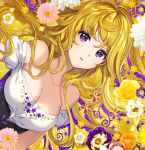  1girl bare_shoulders blonde_hair blush breasts cleavage collarbone corset eyebrows_visible_through_hair flower large_breasts long_hair looking_at_viewer nardack original parted_lips solo upper_body very_long_hair violet_eyes yellow 