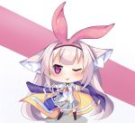  1girl ;p animal_ear_fluff animal_ears azur_lane bag blue_jacket blush brown_legwear cat_ears chibi closed_mouth collared_shirt commentary_request full_body garter_straps grey_skirt hair_ribbon hairband highres hobby_(azur_lane) jacket light_brown_hair long_hair long_sleeves nagato-chan one_eye_closed outstretched_arm pink_hairband pink_ribbon pleated_skirt ribbon school_bag school_uniform shadow shirt skirt smile solo standing thigh-highs tongue tongue_out very_long_hair violet_eyes white_shirt 