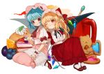  2girls ;t adapted_costume almond ascot bangs bat_wings bear black_neckwear black_ribbon blonde_hair blue_hair blueberry blush bobby_socks bow commentary cream crystal dress eyebrows_visible_through_hair fang_out flandre_scarlet food frilled_shirt_collar frills fruit gotoh510 grapes hand_holding hand_up handkerchief hat hat_bow head_tilt heart high_heels holding holding_spoon interlocked_fingers knees_up long_dress long_hair looking_at_another mary_janes mob_cap multiple_girls nail_polish neck_ribbon one_eye_closed one_side_up orange pancake parted_lips pink_dress pink_hat pointy_ears puffy_short_sleeves puffy_sleeves red_bow red_dress red_eyes red_footwear red_nails red_neckwear remilia_scarlet ribbon sash shoes short_sleeves siblings sisters sitting smile socks spoon touhou transparent_background wariza white_legwear white_sash wings wrist_cuffs 