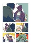  1girl 2boys angry bondrewd comic crying helmet hurt jacket made_in_abyss multicolored_hair multiple_boys prushka red_eyes saiko67 short_hair silent_comic simple_background size_difference 