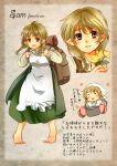  1girl apron azuma_10932 bag barefoot blush braid brown_eyes closed_eyes flower freckles genderswap genderswap_(mtf) lord_of_the_rings open_mouth pointy_ears samwise_gamgee solo twin_braids 
