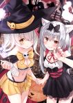  2girls animal_ear_fluff animal_ears ayanami_(azur_lane) azur_lane bandage_over_one_eye bangs bare_shoulders black_bow black_cape black_dress black_hat blush bow breasts brown_eyes cape cat_ears claw_pose cleavage closed_mouth collarbone commentary_request demon_tail detached_collar dress eyebrows_visible_through_hair fingernails grin hair_between_eyes hair_bow halloween hand_up hat highres long_hair looking_at_viewer medium_breasts midriff multicolored multicolored_cape multicolored_clothes multiple_girls nail_polish navel neck_ribbon pink_nails pleated_skirt red_cape red_nails red_ribbon ribbon silver_hair skirt skull small_breasts smile spirit tail tombstone tsukiman twintails very_long_hair white_collar wing_collar witch_hat yellow_skirt yukikaze_(azur_lane) 