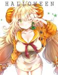  1girl ;&lt; arm_up bangs blonde_hair blush breasts cardigan cleavage collarbone commentary cowboy_shot dress eyebrows_visible_through_hair food_themed_hair_ornament girls_frontline green_eyes hair_between_eyes hair_ornament hair_scrunchie halloween heart heart-shaped_pupils holding large_breasts long_hair long_sleeves looking_at_viewer melings_(aot2846) notice_lines one_eye_closed open_cardigan open_clothes orange_cardigan orange_sailor_collar orange_scrunchie pumpkin_hair_ornament red_neckwear s.a.t.8_(girls_frontline) sailor_collar sailor_dress scrunchie short_dress simple_background solo star symbol-shaped_pupils tears very_long_hair white_background white_dress 