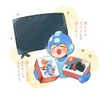  android blush capcom closed_eyes controller game_console game_controller handheld_game_console harvest88 helmet joy-con male_focus nintendo nintendo_switch open_mouth playing_games robot rockman rockman_(character) rockman_(classic) rockman_11 simple_background smile solo translated 