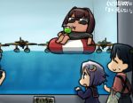  3girls afloat aoba_(kantai_collection) commentary_request drinking drinking_straw e16a_zuiun hamu_koutarou houshou_(kantai_collection) hyuuga_(kantai_collection) innertube kantai_collection multiple_girls seaplane sunglasses tan translated water yayoi_(kantai_collection) 