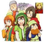  aira_(dq7) blonde_hair blue_eyes breasts brown_hair cleavage commentary_request curly_hair dragon_quest dragon_quest_vii dress everyone gabo gloves green_eyes hat hero_(dq7) hood kiefer long_hair looking_at_viewer lowres maribel_(dq7) medium_breasts midriff mogura_(mogura56) multiple_boys multiple_girls navel open_mouth redhead sir_mervyn smile 
