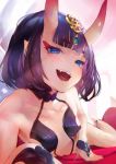  1girl :d armpit_peek bangs blue_eyes breasts cleavage collarbone commentary evil_grin evil_smile eyebrows_visible_through_hair fangs fate/grand_order fate_(series) grin hair_ornament head_tilt horns laughing looking_at_viewer lying on_bed on_side oni oni_horns open_mouth pointy_ears purple_hair short_hair shuten_douji_(fate/grand_order) smile solo teeth thighs tocope 