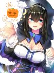  1girl animal_ears animal_hood bangs black_hair blue_bow blue_eyes blue_ribbon blush bow breasts brooch capelet cat_ears cleavage corset crescent crescent_moon_pin cross-laced_clothes diadem e-co frills hair_between_eyes halloween hand_up hood idolmaster idolmaster_cinderella_girls jack-o&#039;-lantern jewelry large_breasts long_hair long_sleeves looking_at_viewer open_mouth paw_pose ribbon sagisawa_fumika simple_background smile solo underbust white_background 