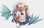  1girl :d alternate_costume arm_at_side artist_name bangs black_bow black_neckwear blonde_hair bow brick_wall cellphone dark_skin dragon flower granblue_fantasy grey_background hair_between_eyes head_tilt hibiscus highres holding holding_phone long_hair looking_at_viewer open_mouth phone red_eyes red_flower shirt short_sleeves smartphone smile solo tataow upper_body very_long_hair white_shirt zooey_(granblue_fantasy) 