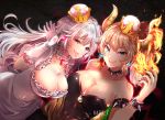  2girls armlet artist_name bare_shoulders black_background black_dress black_nails blonde_hair blue_earrings blue_eyes bowsette bracelet breasts character_name choker cleavage collar collarbone covered_navel crown dress earrings fire frilled_choker frills gloves hazu_t horns jewelry large_breasts long_hair looking_at_viewer luigi&#039;s_mansion super_mario_bros. multiple_girls nail_polish new_super_mario_bros._u_deluxe nintendo open_mouth pink_earrings ponytail princess_king_boo salute sharp_teeth short_hair simple_background smile spiked_armlet spiked_bracelet spiked_collar spikes super_crown teeth tongue tongue_out violet_eyes white_choker white_dress white_gloves white_hair 