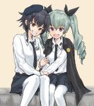  2girls anchovy anzio_school_uniform arm_grab bangs beige_background belt beret black_belt black_cape black_hair black_hat black_neckwear black_ribbon black_skirt braid brown_eyes cape commentary dress_shirt drill_hair eyebrows_visible_through_hair girls_und_panzer green_hair grin group_picture hair_ribbon hand_holding hat head_tilt long_hair long_sleeves looking_at_viewer miniskirt multiple_girls mutsu_(layergreen) necktie open_mouth pantyhose pepperoni_(girls_und_panzer) pleated_skirt pose red_eyes ribbon school_uniform shirt short_hair side-by-side side_braid sitting skirt smile twin_drills twintails white_legwear white_shirt 