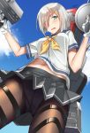 1girl black_legwear blue_eyes blue_sky breasts cannon clouds cowboy_shot crotch_seam from_below gloves hair_ornament hair_over_one_eye hairclip hamakaze_(kantai_collection) highres kantai_collection looking_at_viewer machinery medium_breasts neckerchief pallad panties panties_under_pantyhose pantyhose pleated_skirt school_uniform serafuku short_hair short_sleeves silver_hair skirt sky solo turret underwear white_gloves white_panties yellow_neckwear 