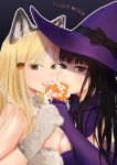  2girls animal_ears asymmetrical_docking black_hair blonde_hair breast_press breasts brown_eyes candy colored_eyelashes costume elbow_gloves english food food_themed_hair_ornament fur_collar gloves hair_ornament halloween hat hidaka_koharu high_score_girl large_breasts lollipop long_hair looking_at_viewer medium_breasts multiple_girls oono_akira open_mouth outline pumpkin_hair_ornament purple_gloves senoka shared_food signature tongue tongue_out white_outline witch witch_hat wolf_ears 