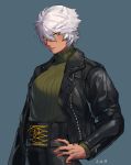  1girl 2018 dated eyebrows_visible_through_hair hand_on_hip highres jacket leather leather_jacket original short_hair simple_background turtleneck white_hair woomi yellow_eyes 