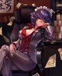  1girl ;) armchair bangs black_belt bow braid breasts buttons chair cigarette closed_mouth commentary_request cookie_(touhou) desk dress_shirt eyebrows_visible_through_hair formal green_bow grey_eyes hair_bow head_rest head_tilt highres indoors izayoi_sakuya light_smile long_sleeves maid_headdress medium_breasts megafaiarou_(talonflame_810) money no_bra one_eye_closed pants partially_unbuttoned pocket popped_collar purple_hair red_shirt ryuuga_(cookie) shiny shiny_hair shirt sitting smile smoke solo suit touhou twin_braids white_pants 