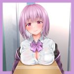  1girl blush bow breast_pocket breast_rest breasts cleavage closed_mouth collared_shirt eyebrows_visible_through_hair highres inagita large_breasts looking_at_viewer partially_unbuttoned pink_hair pocket purple_bow shinjou_akane shirt short_hair smile ssss.gridman upper_body violet_eyes white_shirt 