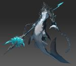 1boy armor blue_skin chains creature cuffs dorsal_fin fins gradient gradient_background highres holding holding_weapon jewelry necklace open_mouth original scar shackles spikes weapon webbed_hands woomi 