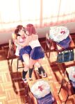  2girls bangs black_legwear blue_skirt blush bow bowtie bowtie_removed bra breasts brown_eyes brown_hair camisole chair classroom clothes_removed commentary_request curtains desk hand_holding hand_on_another&#039;s_cheek hand_on_another&#039;s_face highres indoors kneehighs leaning_back looking_at_another miniskirt multiple_girls on_desk open_clothes open_shirt original parted_lips pink_bra plaid_neckwear pleated_skirt red_neckwear redhead school_chair school_desk school_uniform shirt shirt_removed shoes short_hair shoulder_blades skirt skirt_removed small_breasts syou_(endemic_species) underwear uwabaki white_camisole white_shirt yuri 