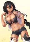  1girl absurdres azur_lane bare_shoulders black_hair braid breasts brown_eyes commentary_request cowboy_shot crop_top dark_skin dutch_angle feathers hair_between_eyes hair_feathers hair_ornament highres jewelry large_breasts long_hair looking_at_viewer mofu_cat001 native_american navel necklace solo south_dakota_(azur_lane) yellow_background 