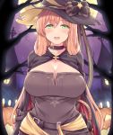  1girl :d arms_behind_back bangs bare_tree belt black_bow black_cape black_hat blush bow breasts brown_hair buckle cape cleavage collar collarbone commentary_request eyebrows_visible_through_hair full_moon girls_frontline green_eyes halloween halloween_costume hasu_(hk_works) hat hat_bow jack-o&#039;-lantern large_breasts long_hair looking_at_viewer m1903_springfield_(girls_frontline) moon night night_sky open_mouth outdoors pumps round_teeth sky smile solo teeth tree upper_body upper_teeth very_long_hair witch witch_hat 