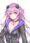  1girl adult_neptune black_choker black_jacket blush breasts choker cleavage collarbone commentary_request d-pad d-pad_hair_ornament hair_between_eyes hair_ornament highres hinakurukuru hood hooded_jacket jacket long_hair looking_at_viewer medium_breasts neptune_(series) purple_hair shin_jigen_game_neptune_vii simple_background smile solo upper_body usb very_long_hair violet_eyes white_background 