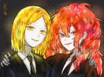  2others absurdres androgynous blonde_hair colored_eyelashes eyes_visible_through_hair gem_uniform_(houseki_no_kuni) hand_on_another&#039;s_shoulder highres houseki_no_kuni kokemaru_(12tama02) long_hair looking_at_viewer multiple_others necktie padparadscha_(houseki_no_kuni) red_eyes redhead short_hair smile upper_body wavy_hair white_skin yellow_diamond_(houseki_no_kuni) yellow_eyes 