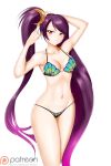  1girl alfred_cullado bangs bikini brave_frontier breasts cleavage collarbone crescent crescent_hair_ornament elza_(brave_frontier) floating_hair gradient_hair groin hair_ornament highres large_breasts long_hair looking_at_viewer multicolored multicolored_bikini multicolored_clothes multicolored_hair navel parted_bangs patreon_logo pink_hair purple_hair red_eyes shiny shiny_hair sideboob simple_background solo standing swimsuit twintails two-tone_hair tying_hair very_long_hair watermark white_background 